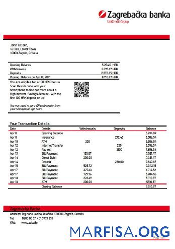 Realistic Croatia Zagrebačka bank statement word real example